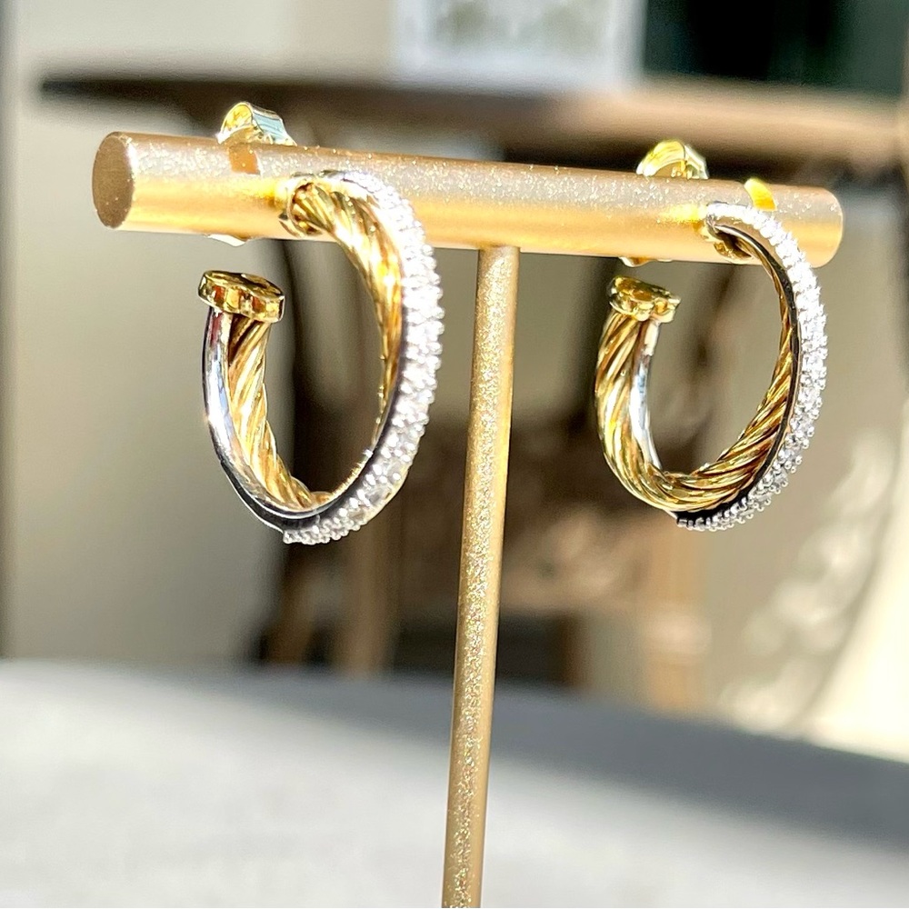 SOLD David Yurman 18K White & YELLOW Gd Diamond SmCable Crossover Hoop Earrings